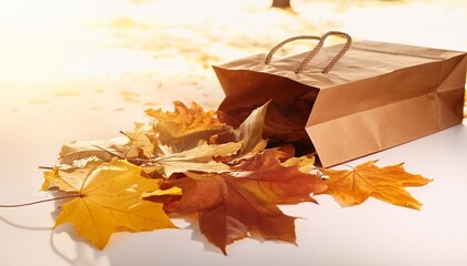 Poster - fallen leaves collected in recycle paper bag in autumn