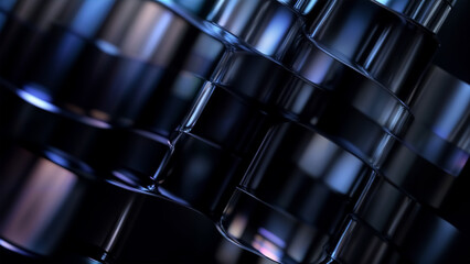 Wall Mural - abstract wallpaper with glowing 3d purple and black grid waves, geometric square cube, reflective ma
