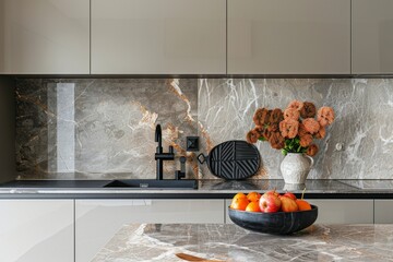 Wall Mural - a modern kitchen interior design with a beautiful marble pattern