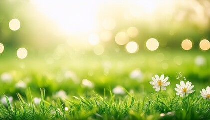 Wall Mural - beautiful green nature background with grass and small flowers nice lighting on background beautiful bokeh