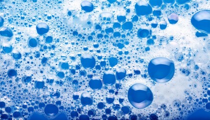 Poster - foam background liquid soap bubbles froth bubbles rotating backdrop soap foam structure over blue soap sud macro close up clean cleaning washing laundry top view