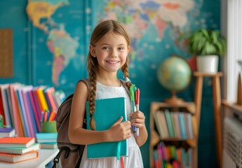 Poster - Smiling Girl with Backpack and Books in Classroom