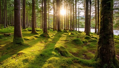 Wall Mural - moss covered ground and tree trunks in a conifer forest with the sun shining through at loch awe in argyll and bute in scotland