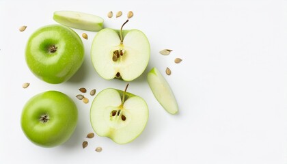 Wall Mural - fresh green apples with seeds isolated on white background fruits pattern top view flat lay