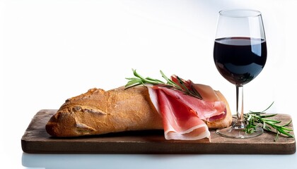 Wall Mural - ciabatta with prosciutto rosemary and glass of red wine