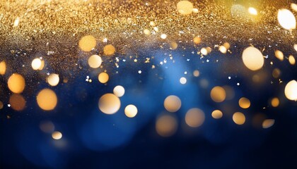 Sticker - christmas golden light shine particles bokeh on dark blue background with gold foil texture