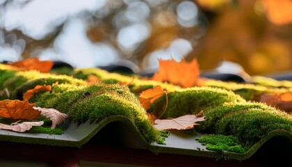 Wall Mural - close up of moss and leaves on a roof in autumn