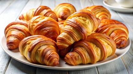 Golden, flaky, and buttery, a delicious assortment of freshly baked croissants are artfully arranged on a pristine white plate.