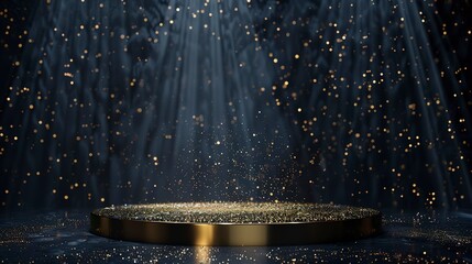 Wall Mural - Background black podium stage gold award glitter light 3d platform product golden pedestal. Podium show black background abstract elegant ceremony dark display spotlight effect confetti night scene