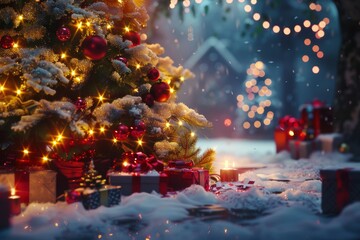 Sticker - Close-up of Christmas presents with red ribbons and ornaments, surrounded by falling snowflakes