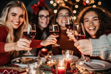 Wall Mural - A group of friends raising glasses of red wine in a toast, celebrating Christmas together around a festive table with candles and decorations