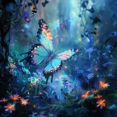 Wall Mural - ethereal butterfly with iridescent wings soaring through a bioluminescent forest surrounded by glowing flora and swirling mists in a dreamlike atmosphere