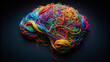 © Adisorn - Vibrant multi-colored tangled threads form a human brain shape on a black background, symbolizing neurodiversity, mental health complexities, and the intricate workings of the mind.