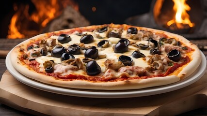 Wall Mural - Pizza shawarma with mozzarella cheese, tomato sauce, cheese, shawarma, and black olives, cooked in a wood-burning oven