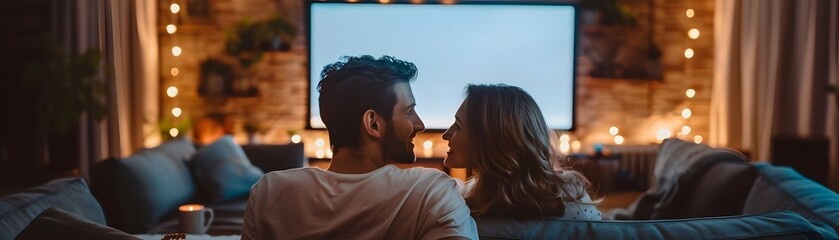 Couple Enjoying Cozy Movie Night at Intimate Home Setting for Romantic Love Concept