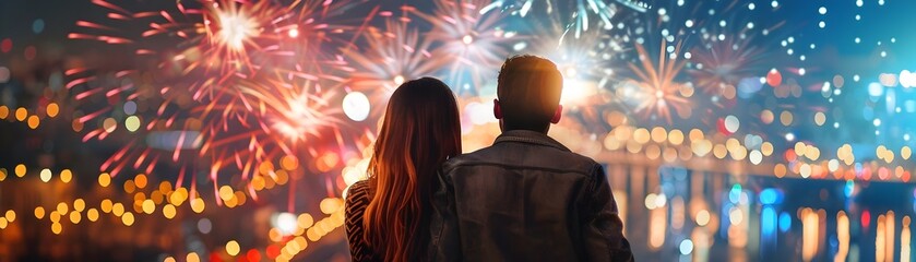 Couple Embracing While Watching Vibrant Fireworks Display During Joyful