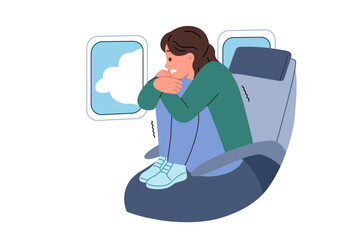 Aerophobia in woman flying in airplane, encountered turbulence, and sitting with legs up in passenger seat of airliner. Problem of aerophobia in girl experiencing panic due to fear of heights