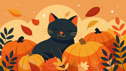 Hello autumn, charming black kitten sleeping amidst falling leaves and pumpkins ideal for fall greeting cards, halloween decor, thanksgiving invites, cozy seasonal illustrations