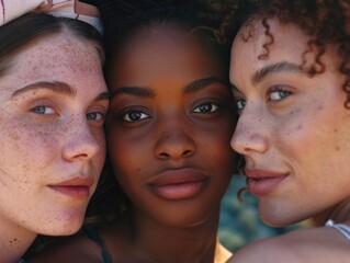 Three women posing for a photo together, happy and smiling