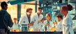 © Graphic Studio - Illustration of researchers discussing and working on scientific experiments in a lab wearing white coat