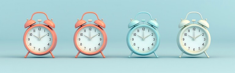 Wall Mural - Four vibrant alarm clocks neatly arranged in a row on a serene blue backdrop, all pointing to the same time, showcasing pastel hues. Capturing the essence of punctuality and organization. Panoramic