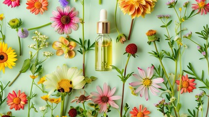 Wall Mural - jar with essential oil and flowers top view. selective focus