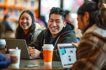 Poster - A group of cheerful students are happily working together in a cozy cafe, using laptops surrounded by coffee and books, enjoying their productive study session in a casual and comfortable atmosphere