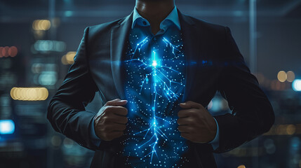 Poster - Businessman revealing digital network connections on his chest.