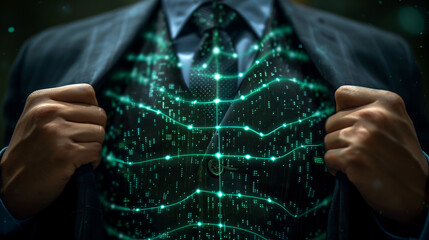 Poster - Businessman revealing digital network pattern on suit, futuristic concept.