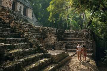 Poster - Couple visiting ancient Mayan ruins with a tour guide