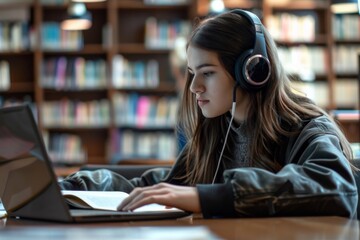 Aufkleber - A young student is immersed in studying at a library, using a laptop and headphones for music. Keywords student, study, library, laptop, headphones, education, concentration, productivity