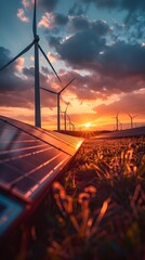 Wall Mural - Renewable Energy Plant with Wind Turbines and Solar Panels during Sunset