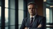 © Muqaddas - A charismatic business man confidently standing with arms crossed in a contemporary office environment, embodying professionalism; a powerful abstract and best-seller background concept