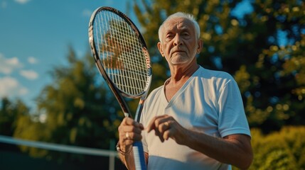 Wall Mural - Elderly Man Holding Tennis Racket Outdoors