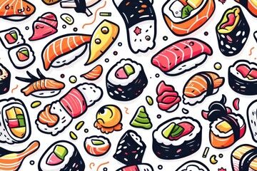 A white background is covered in a vibrant pattern of various sushi rolls and nigiri, all hand-drawn in a cartoon style