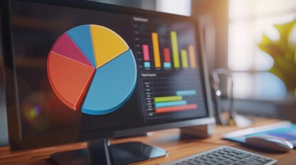 Aufkleber - A 3D pie chart diagram on a computer monitor, illustrating market share percentages.