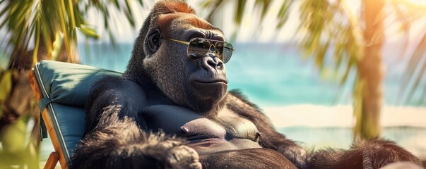 Wall Mural - Gorilla in sunglasses relaxing on a beach deckchair. Free copy space for banner.