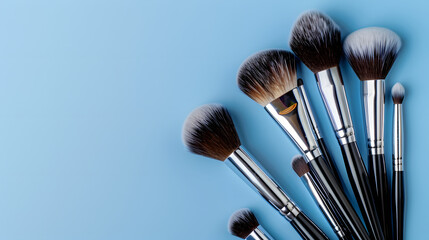 Wall Mural - Soft natural brushes for makeup application on blue background with copy space