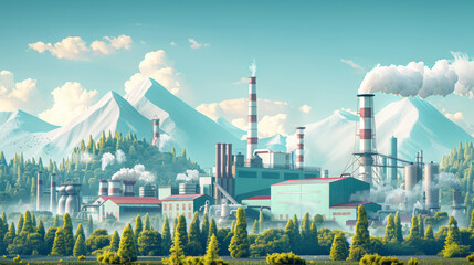 Wall Mural - A large industrial plant with smoking chimneys set against the backdrop of scenic snow-capped mountains and lush green forests.