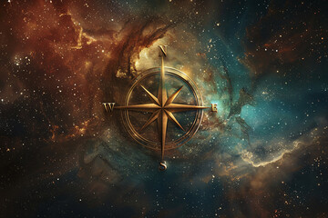 a golden compass set against a cosmic background with stars and nebulae, creating a mystical atmosph