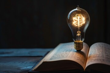 Poster - In a softly lit room, a bright light bulb illuminates an open book, symbolizing knowledge, ideas, and creativity, representing education, wisdom, and inspiration as essential elements
