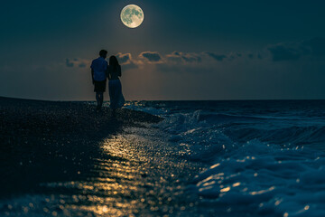 Sticker - A couple walking along a moonlit beach