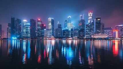 Poster - A city skyline with illuminated skyscrapers reflecting in a calm river at night.