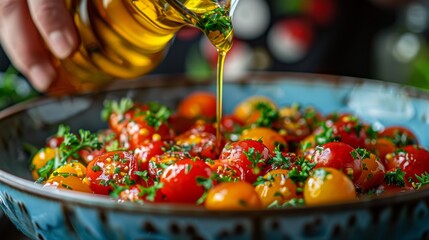 Wall Mural -  Fresh colorful spring vegetable salad with cherry tomatoes and sweet peppers in the blue bowl. 