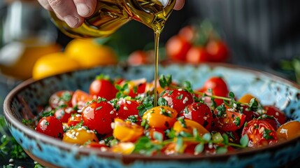 Wall Mural -  Fresh colorful spring vegetable salad with cherry tomatoes and sweet peppers in the blue bowl. 