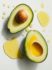 Wall Mural -  A green avocado or two and a few drops of pale yellow oil lay on a white table, clean