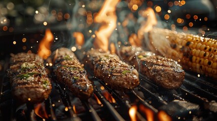 Wall Mural - Juicy steaks sizzling on a barbecue grill, flames licking at their edges, accompanied by a corn on the cob roasting, depicting a delicious and savory BBQ moment.