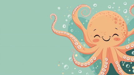 Wall Mural - Smiling, cute Baby Octopus with Closed Eyes on light green Background with bubbles. Flat Design Illustration. Banner with Copy Space for Text