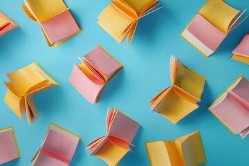 Poster - A flat lay composition of open books flying through the air, with each book colored orange and yellow and having white pages, against a blue background. The scene conveys an atmosphere that celebrates