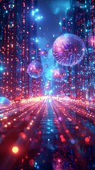 Poster - Captivating Cyber Landscape with Luminous Data Spheres and Neon Pathways